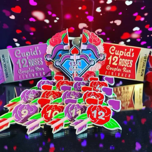 Cupid's Valentine Virtual Run Challenge Finisher Medal with Rose Designed Milestone Pins