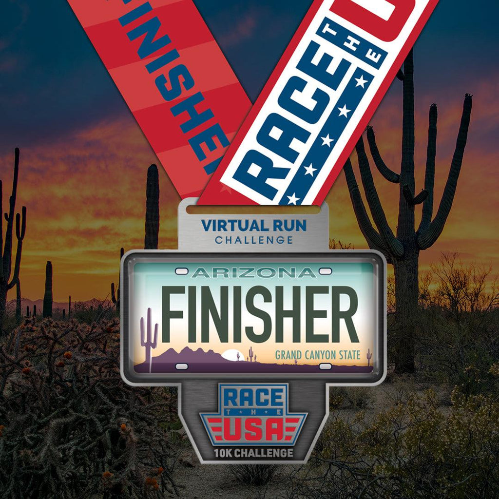 Virtual Run Race the USA Challenge 10k Series Arizona License Plate Themed Finisher Medal.
