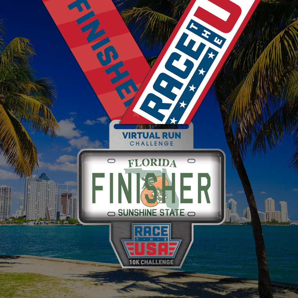 Virtual Run Race the USA Challenge 10k Series Florida License Plate Styled Finisher Medal.