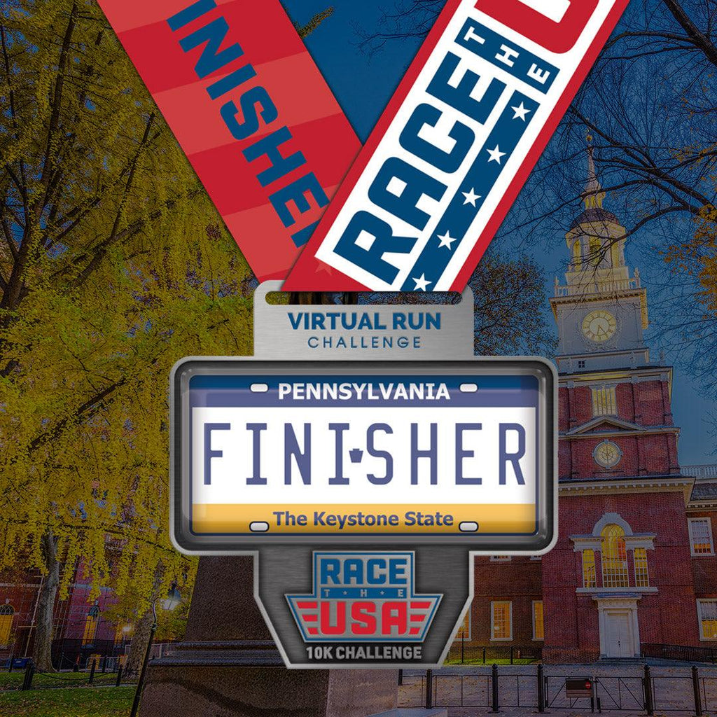 Virtual Run Race the USA Challenge 10k Series Pennsylvania License Plate Styled Finisher Medal.