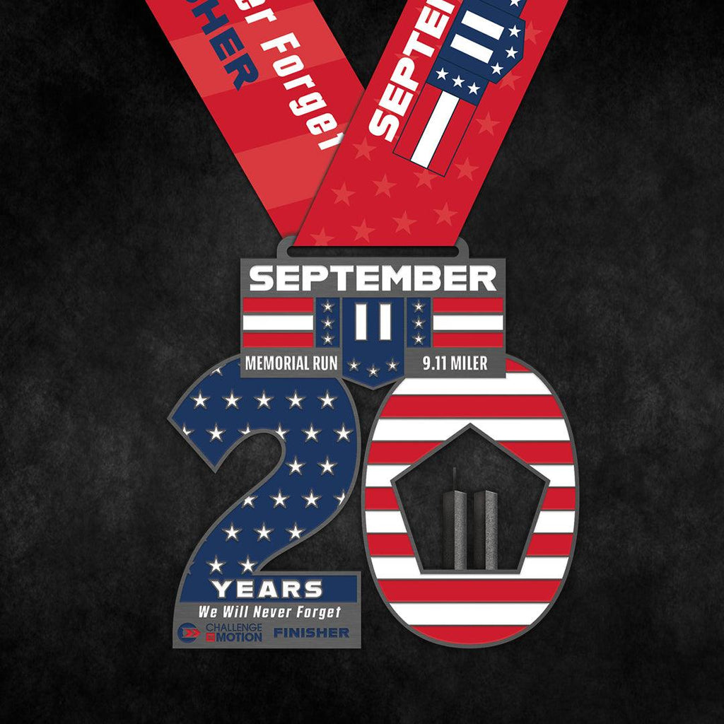 September 11 Memorial Run Walk Challenge Finisher Medal (Front) that displays a large 20 years along with the World Trade Towers