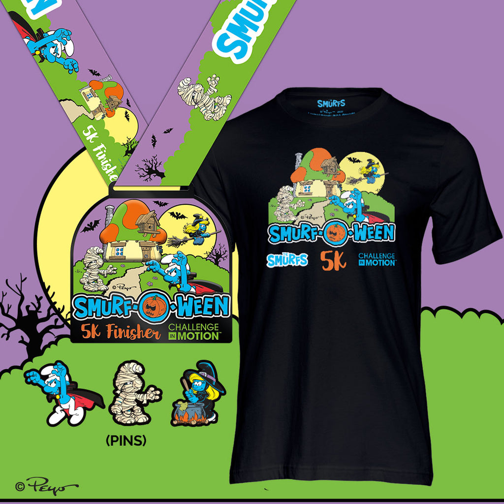 Smurf-o-ween Virtual 5k Challenge Finisher Medal and Finisher Shirt