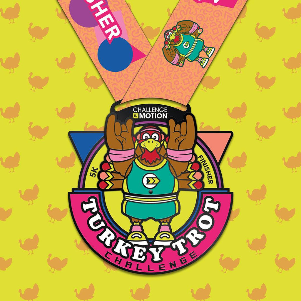 Virtual Turkey Trot Finisher Medal with a turkey dressed in retro aerobic clothing