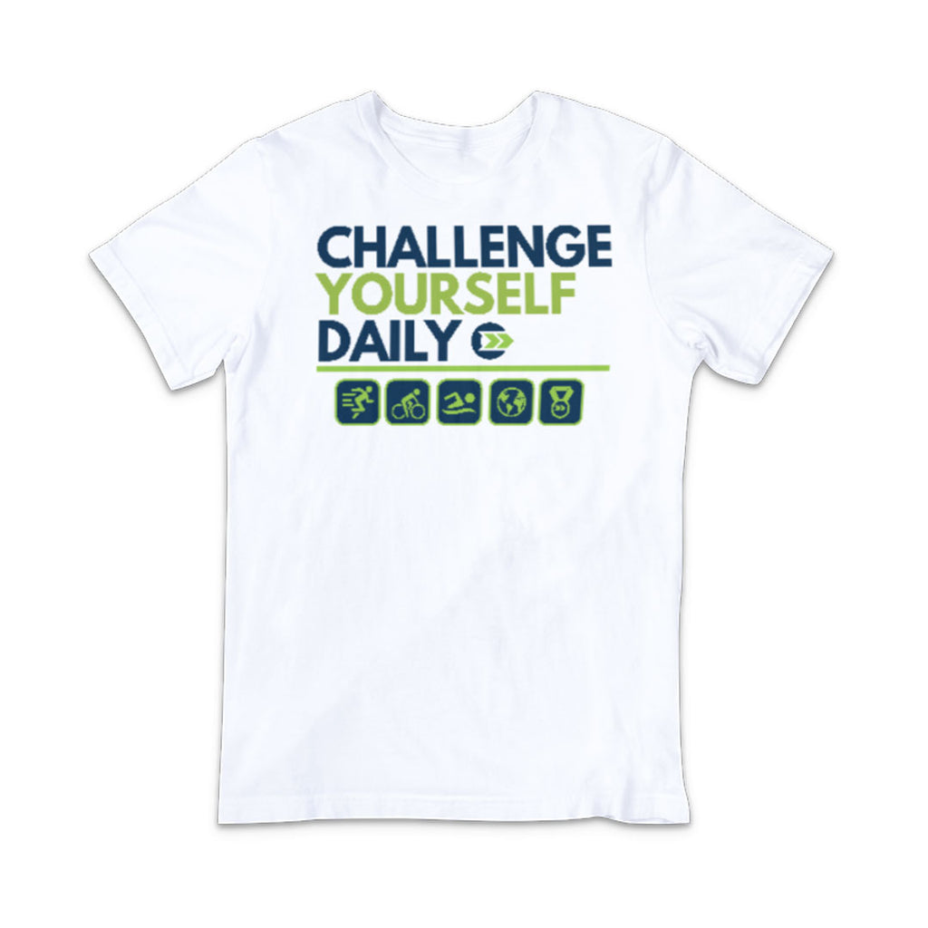 Motivational White Graphic T-Shirt with phrase Challenge Yourself Daily