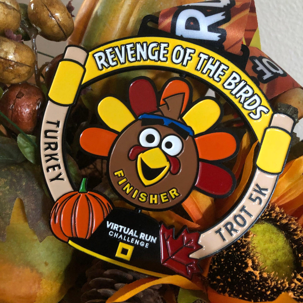 Virtual Turkey Trot "Revenge of the Bird" Double-sided spinner finisher medal