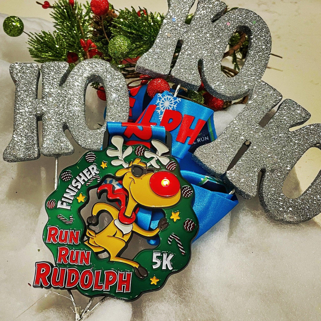 Run Run Rudolph Virtual 5k Finisher Medal with blinking nose