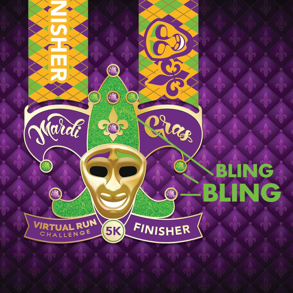 Mardis Gras themed virtual 5k Finisher Medal