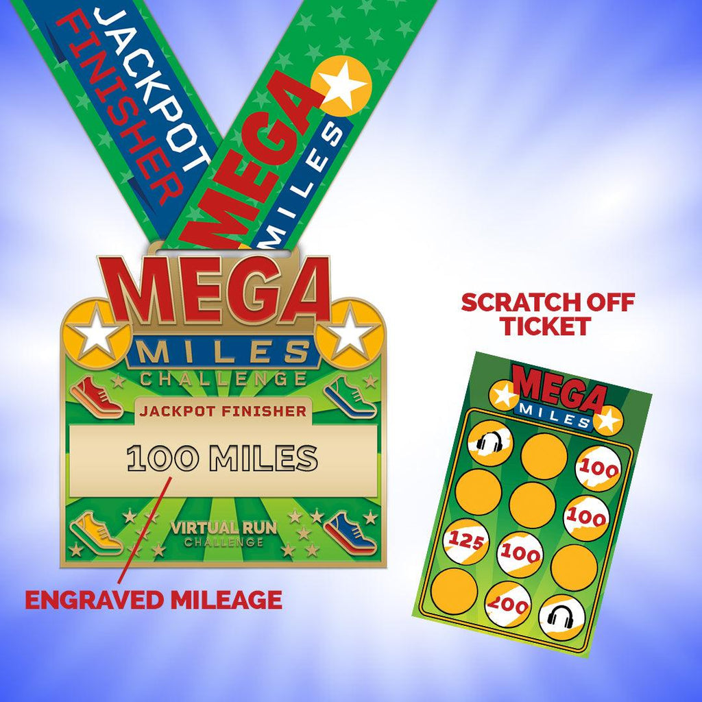 Mega Miles Virtual Running Challenge Finisher Medal and Scratch Off Ticket