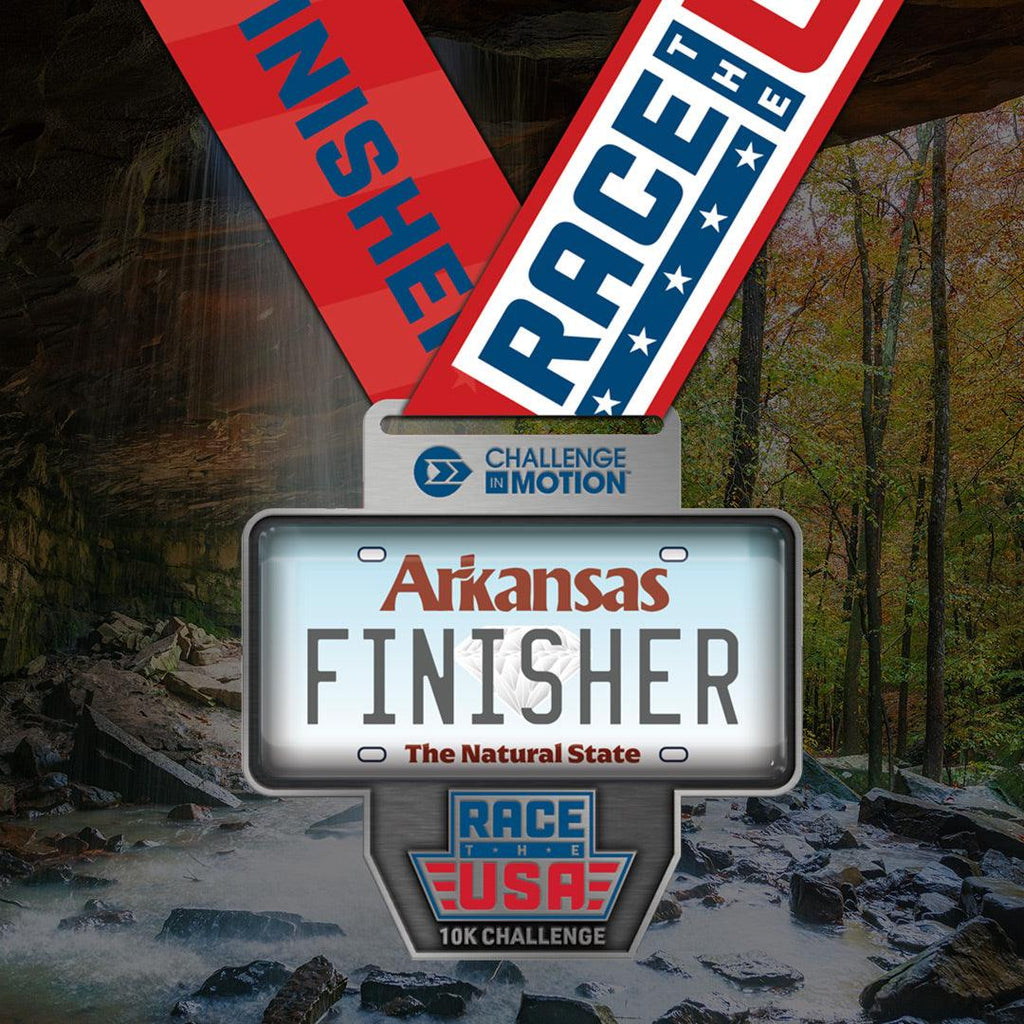 Virtual Run Race the USA Challenge 10k Series Arkansas License Plate Themed Finisher Medal.