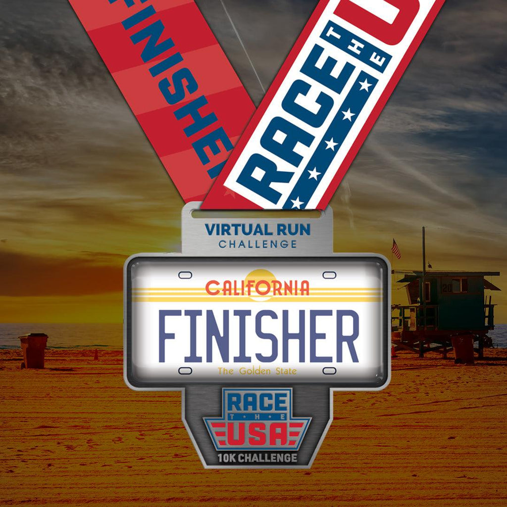 Virtual Run Race the USA Challenge 10k Series California License Plate Themed Finisher Medal.
