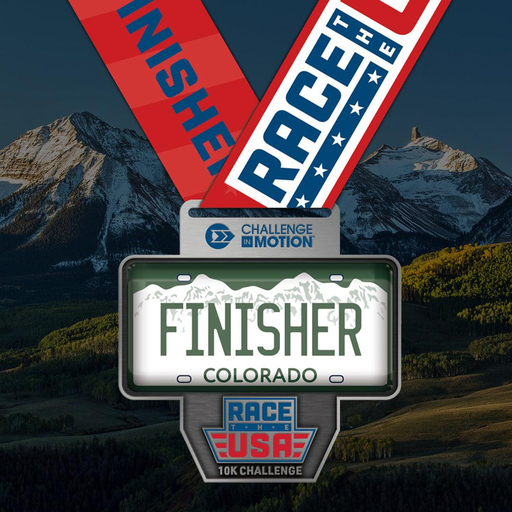 Virtual Run Race the USA Challenge 10k Series Colorado License Plate Styled Finisher Medal.