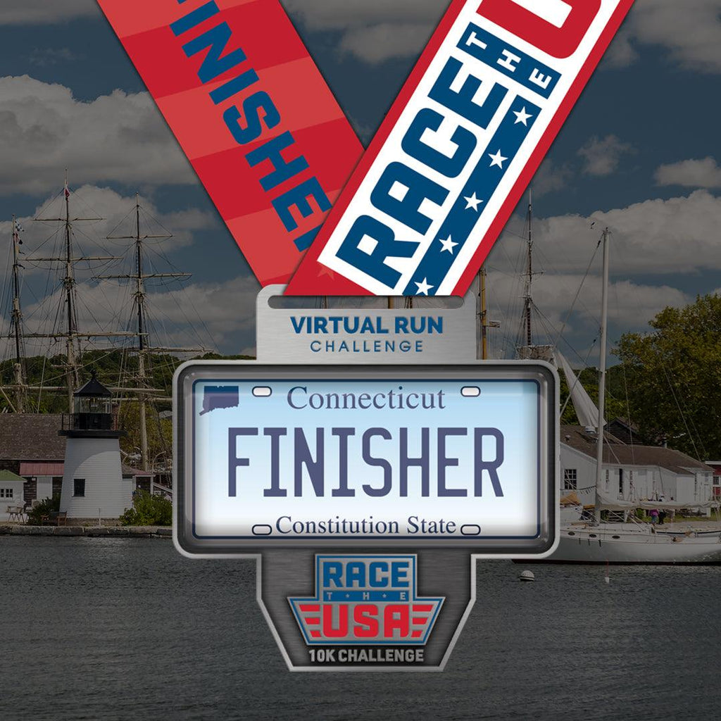 Virtual Run Race the USA Challenge 10k Series Connecticut License Plate Styled Finisher Medal.