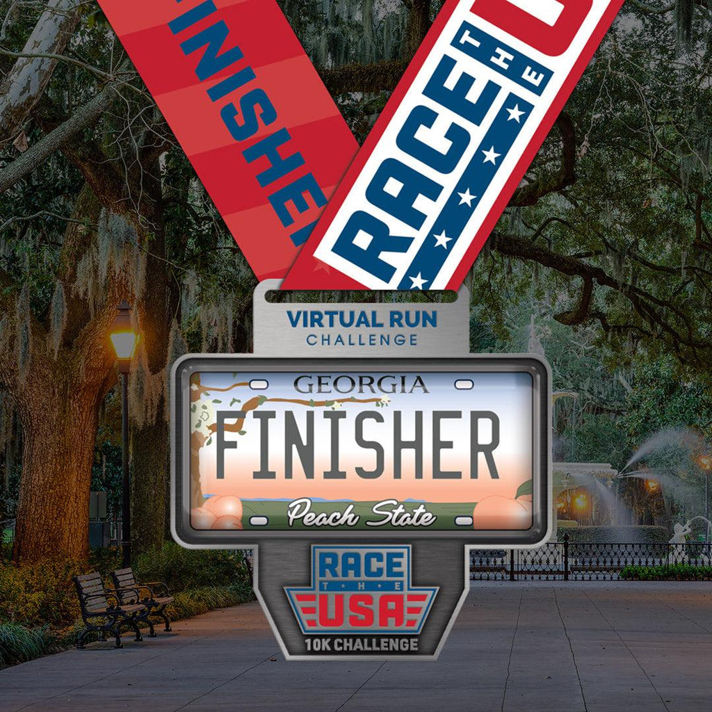 Virtual Run Race the USA Challenge 10k Series Georgia License Plate Styled Finisher Medal.