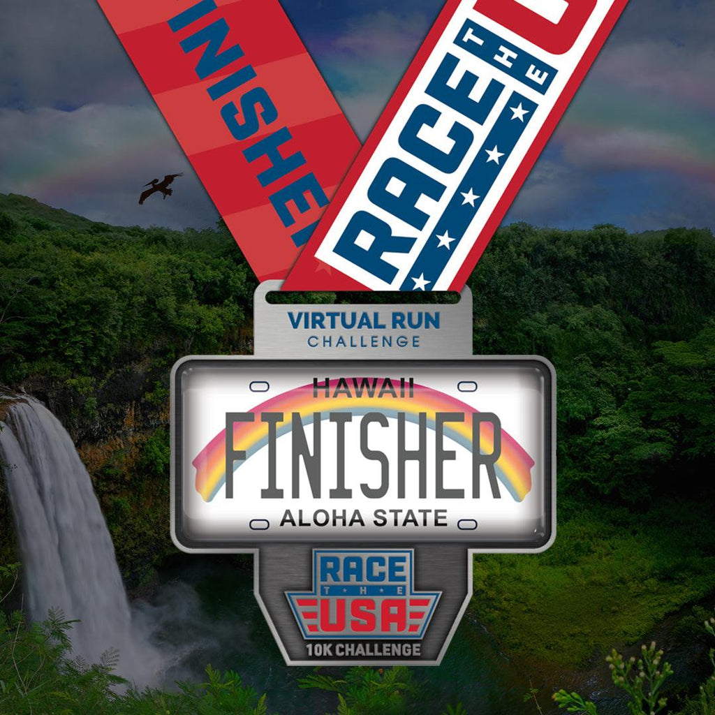 Virtual Run Race the USA Challenge 10k Series Hawaii License Plate Styled Finisher Medal.