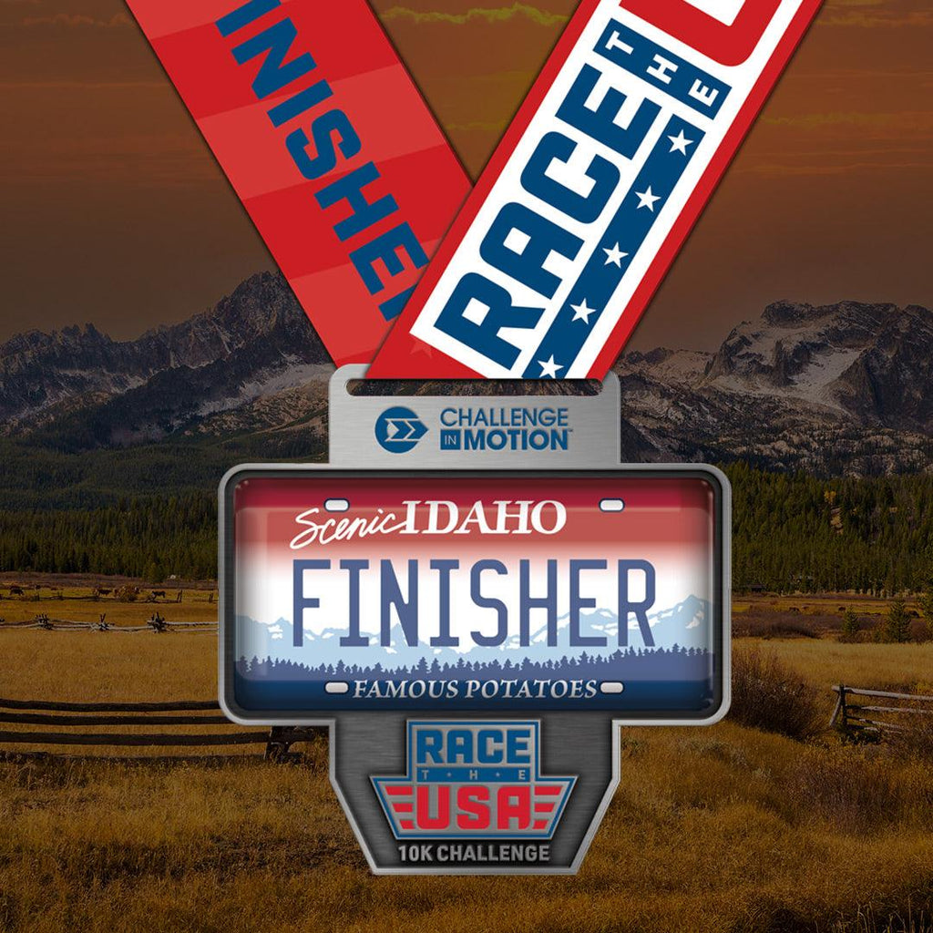 Virtual Run Race the USA Challenge 10k Series Idaho License Plate Styled Finisher Medal.