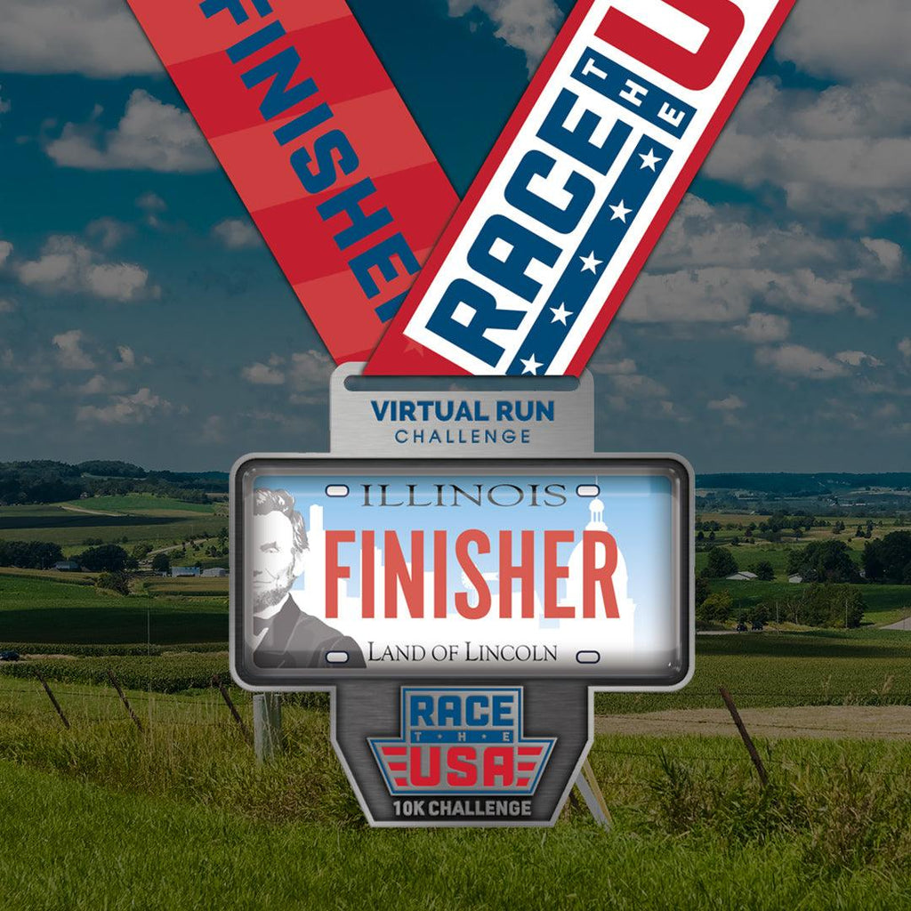 Virtual Run Race the USA Challenge 10k Series Illinois License Plate Styled Finisher Medal.