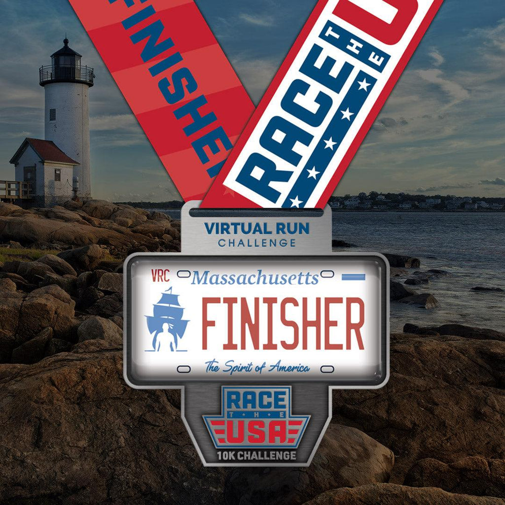Virtual Run Race the USA Challenge 10k Series Massachusetts License Plate Styled Finisher Medal.