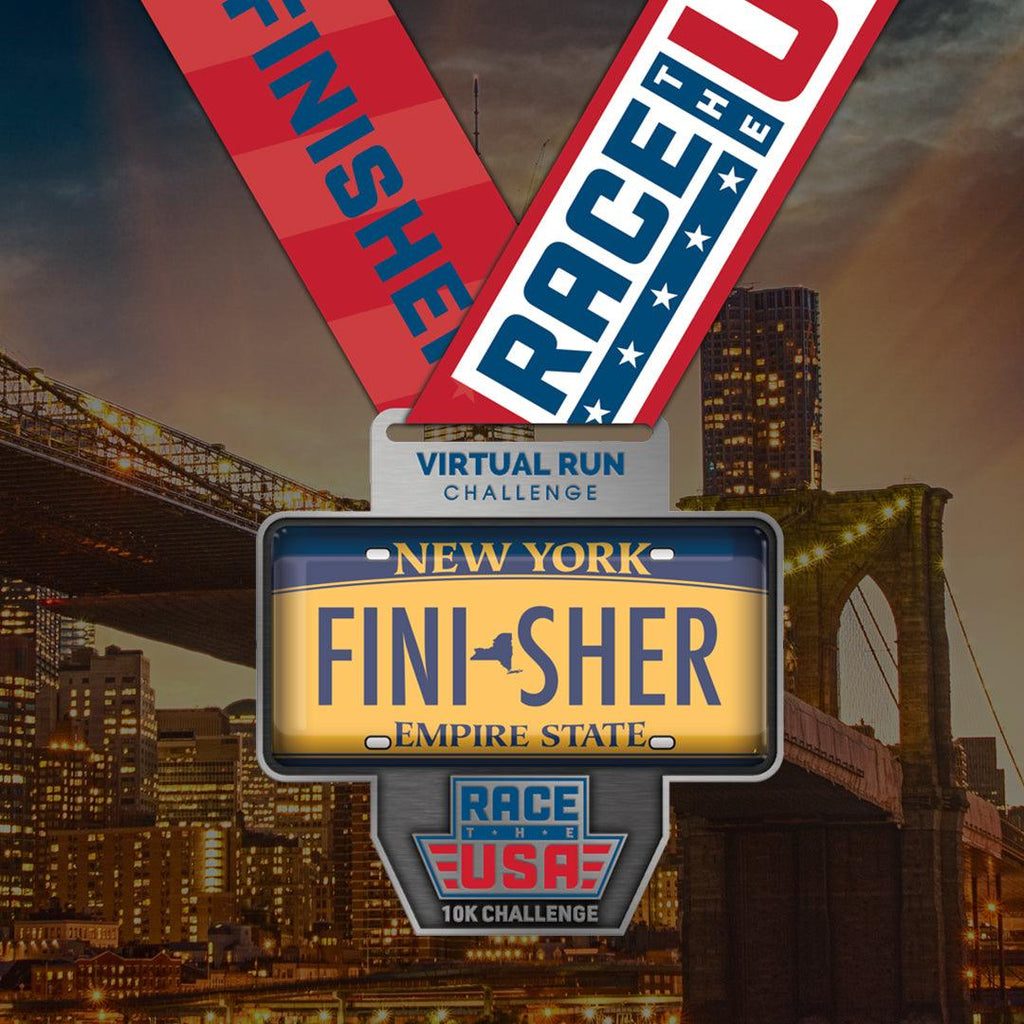 Virtual Run Race the USA Challenge 10k Series New York License Plate Styled Finisher Medal.