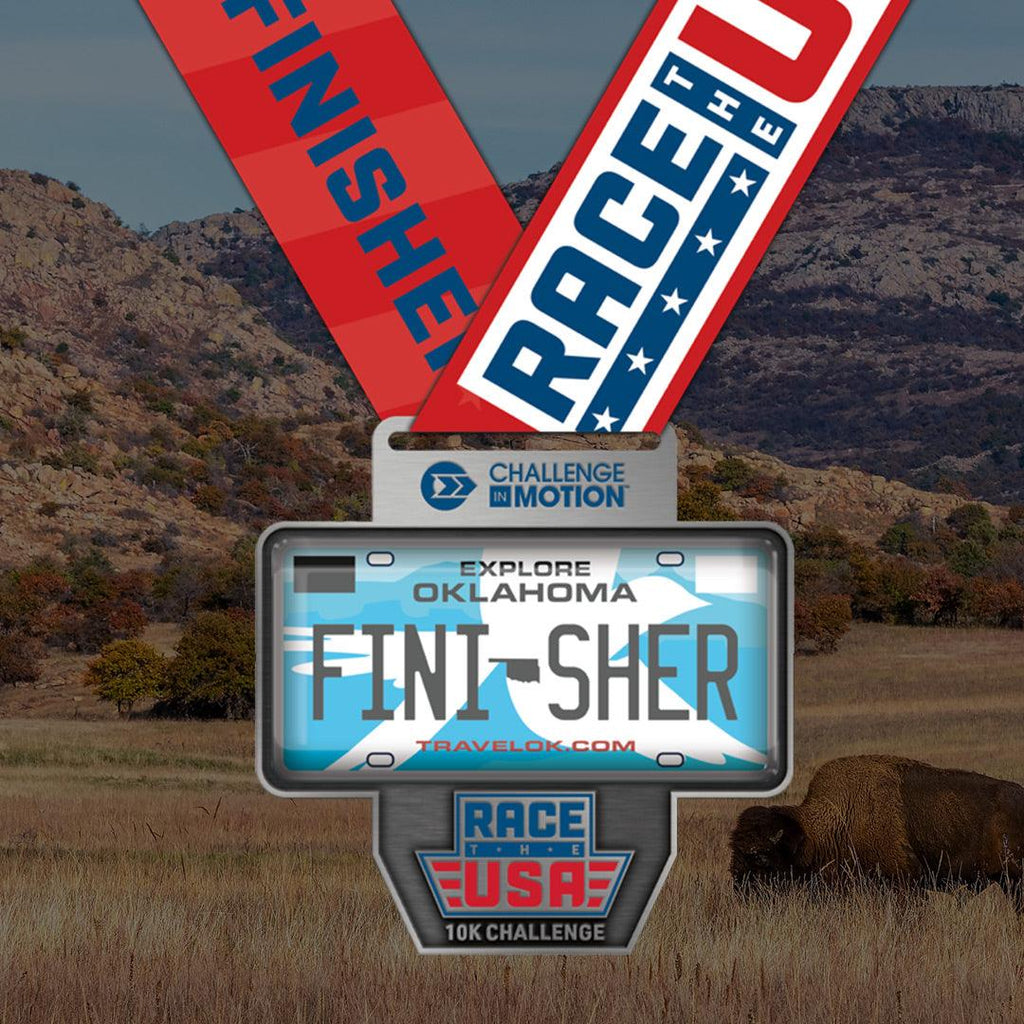 Race the USA Virtual Challenge Series 10k Oklahmoa License Plate Themed Finisher Medal