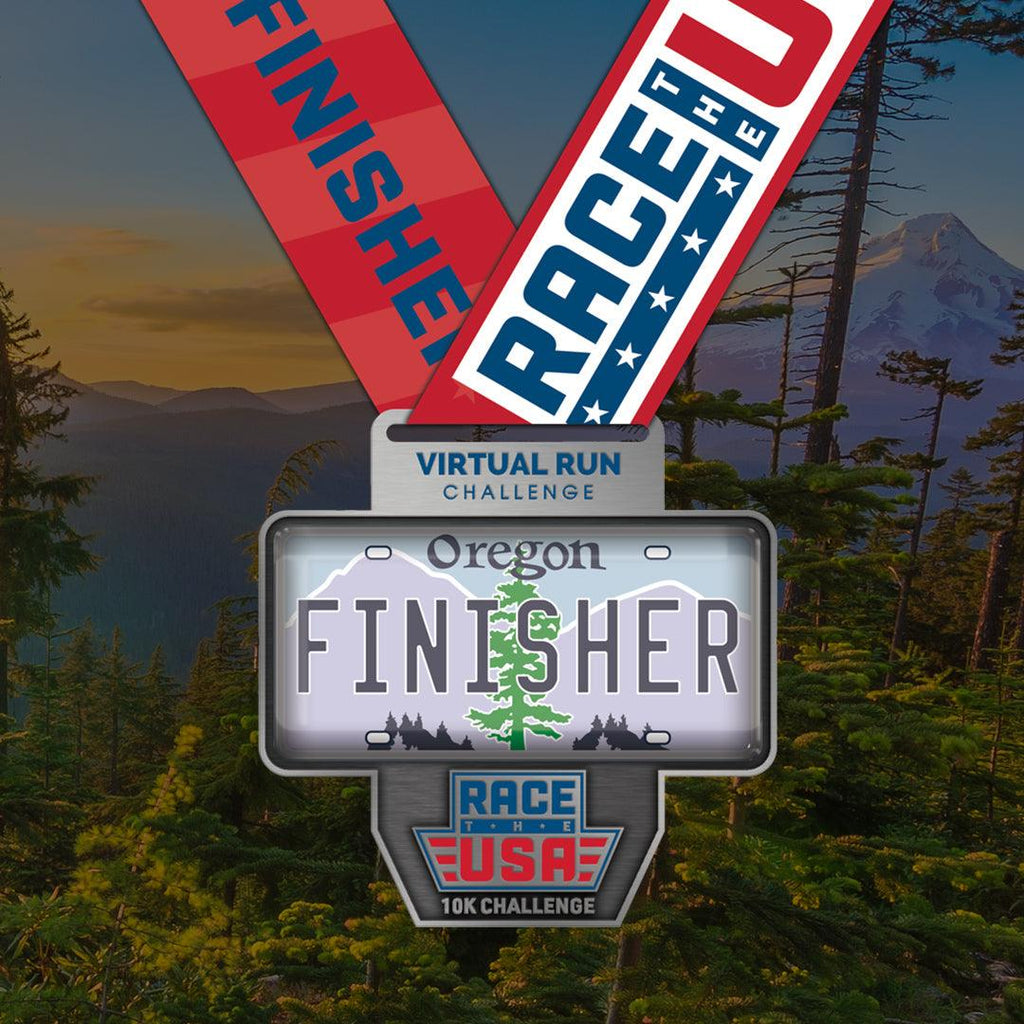 Virtual Run Race the USA Challenge 10k Series Oregon License Plate Styled Finisher Medal.