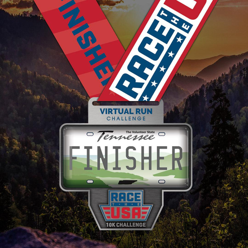 Virtual Run Race the USA Challenge 10k Series Tennessee License Plate Styled Finisher Medal.