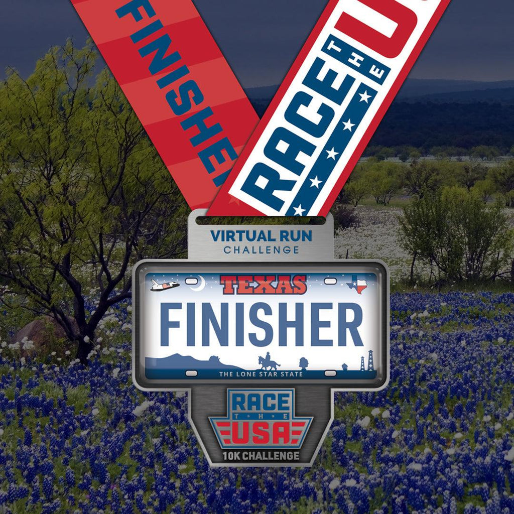 Virtual Run Race the USA Challenge 10k Series Texas License Plate Styled Finisher Medal.