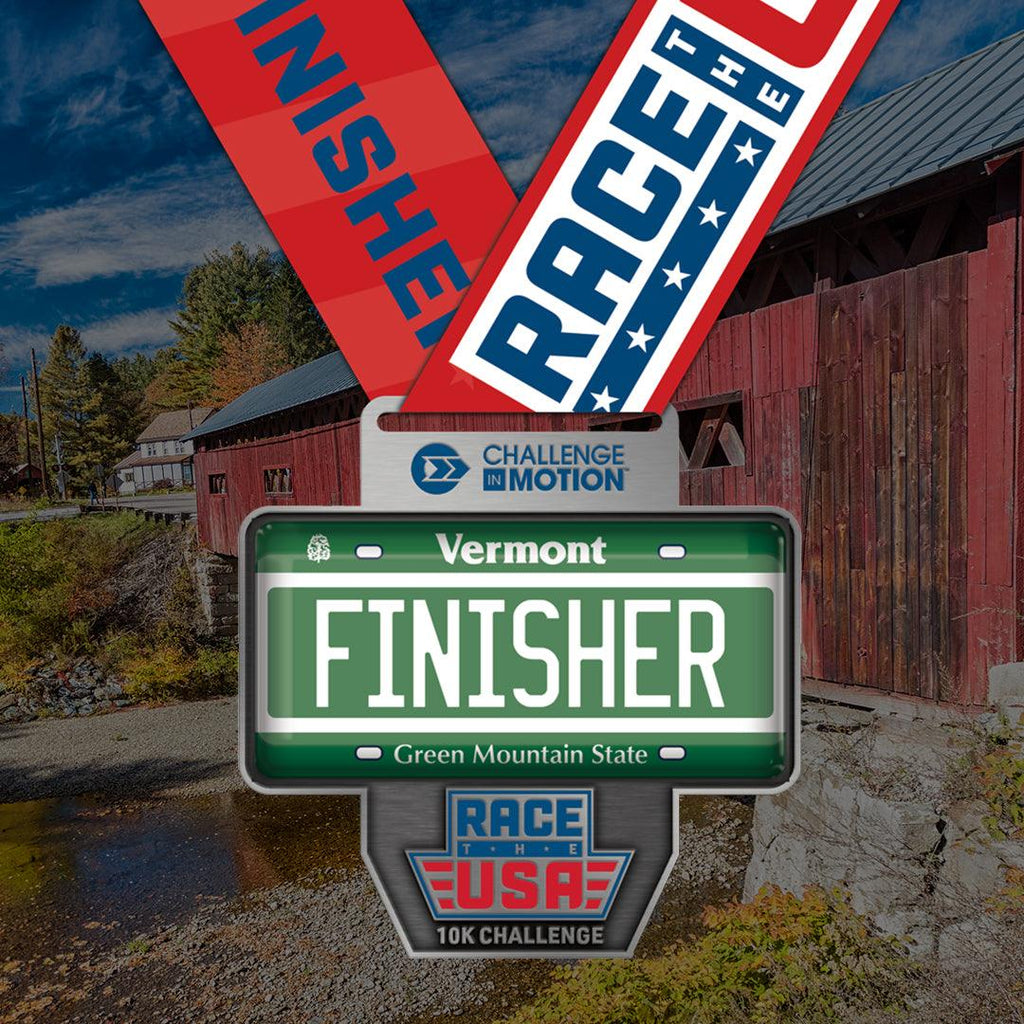 Race the USA 10k Virtual Challenge Vermont license plated themed finisher medal