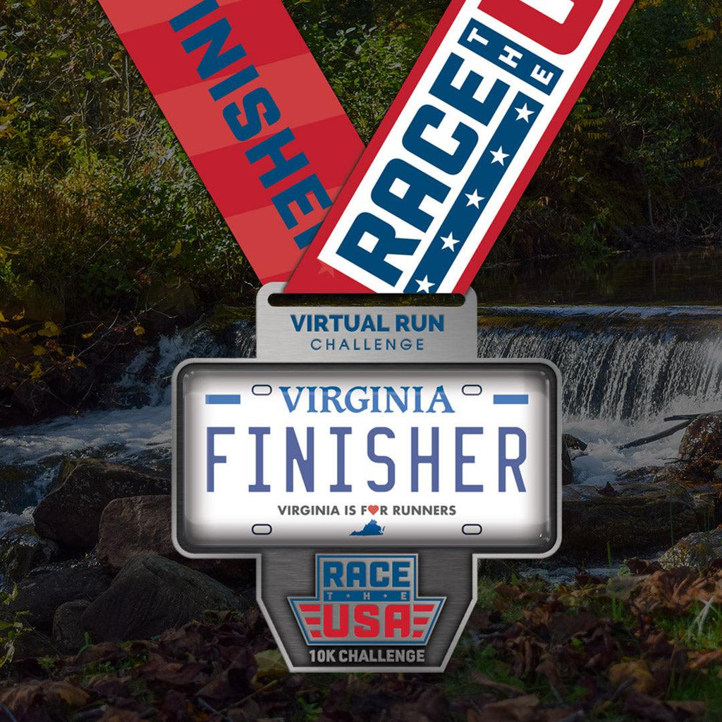 Race the USA 10k Virtual Challenge Virginia license plate themed finisher medal