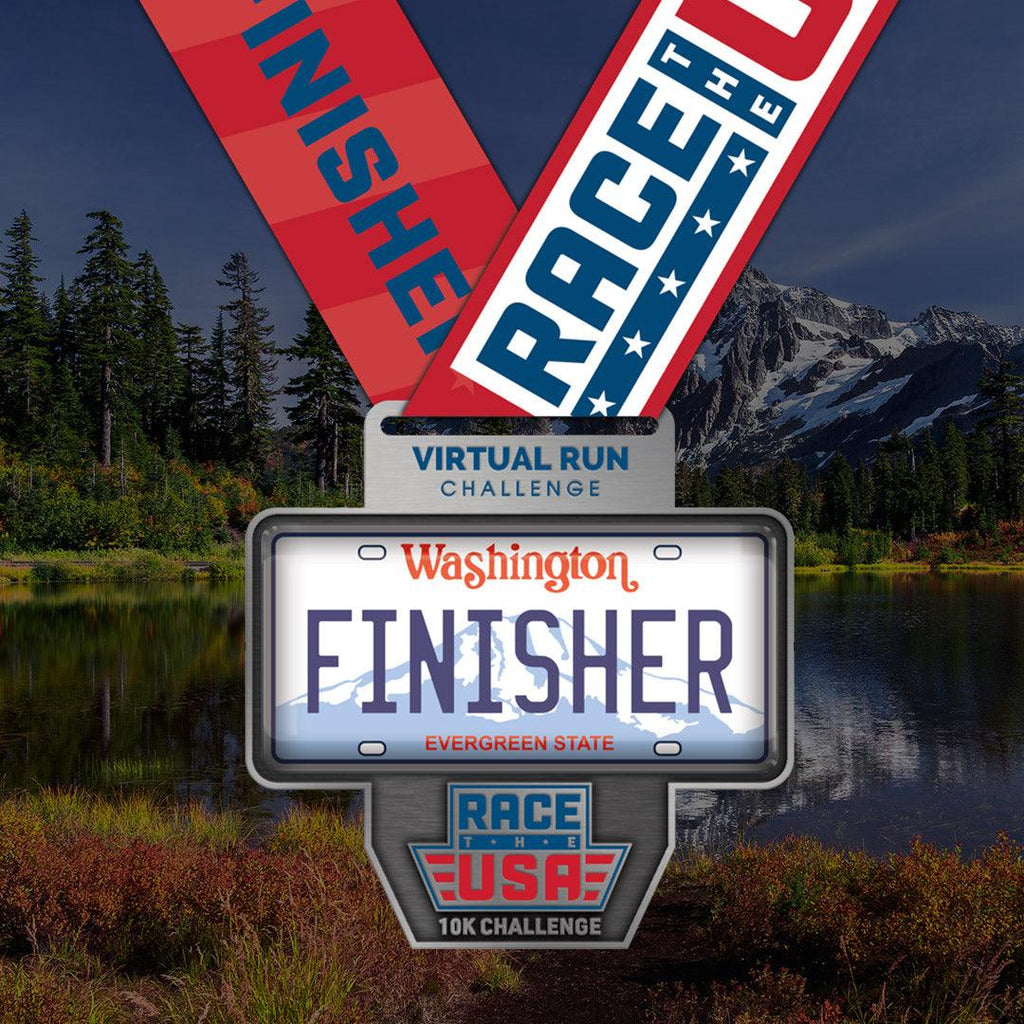 Race the USA Virtual Challenge series Washington state license plate themed finisher medal