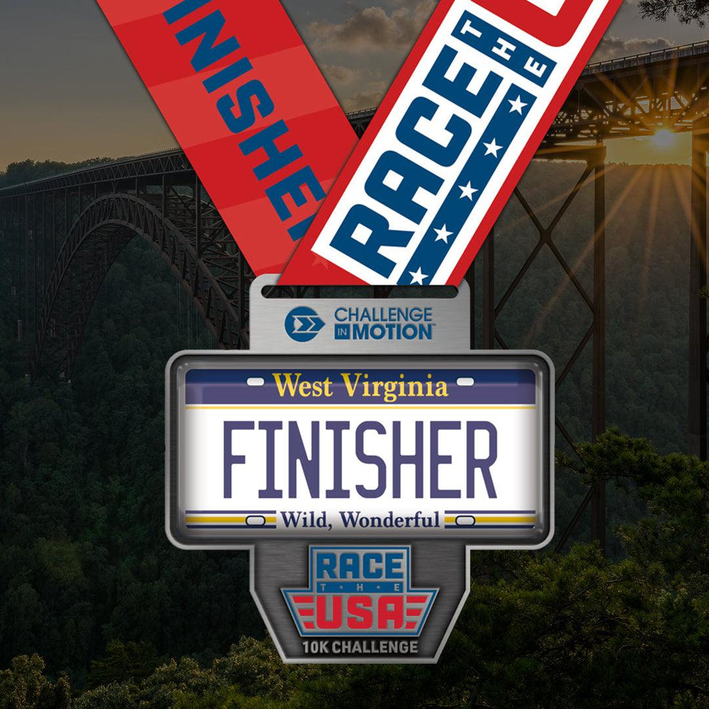 Virtual Run Race the USA Challenge 10k Series West Virginia License Plate Styled Finisher Medal.