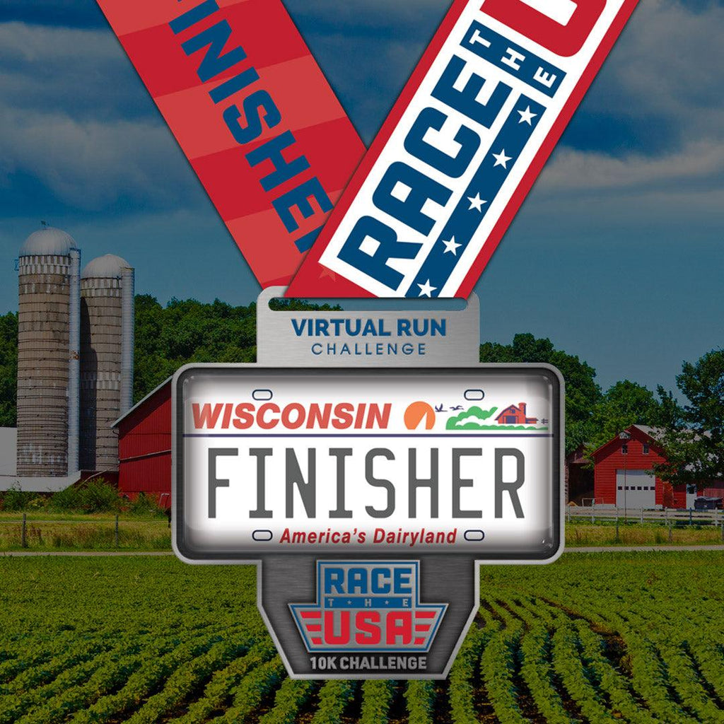 Race the USA Wisconsin 10k Challenge Finisher Medal in the shape of a Wisconsin license plate