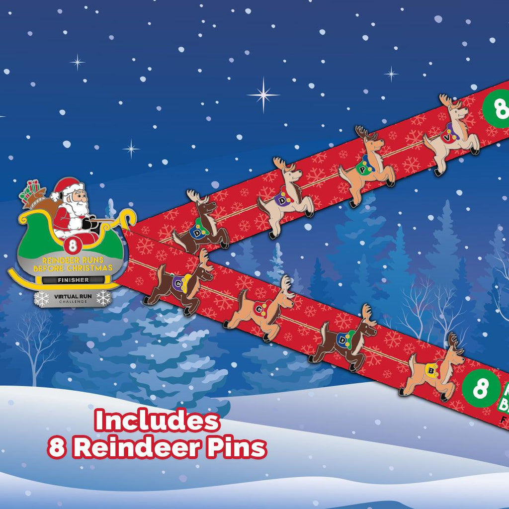 Santa's 8 Reindeer Christmas Virtual Run Finisher Medal with eight reindeer pins